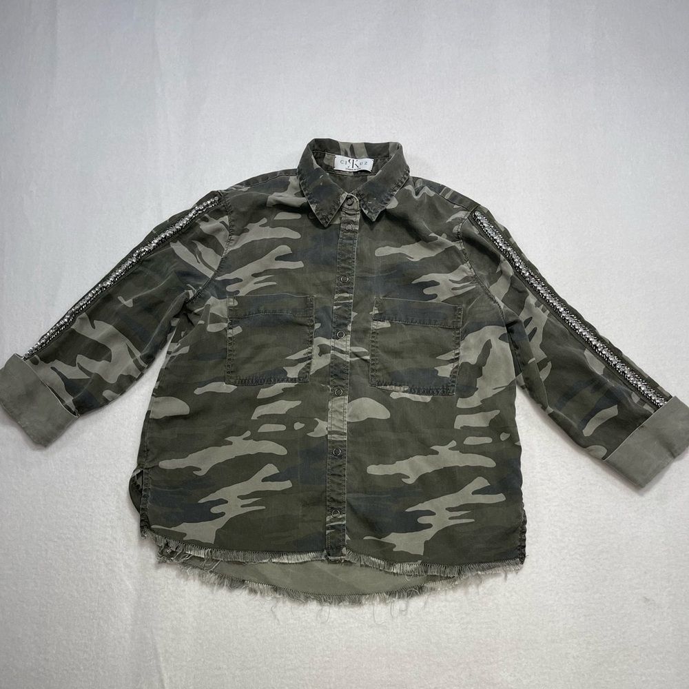 CIKUZ Camouflage Button Down Shirt Rhinestone Sleeve Size S